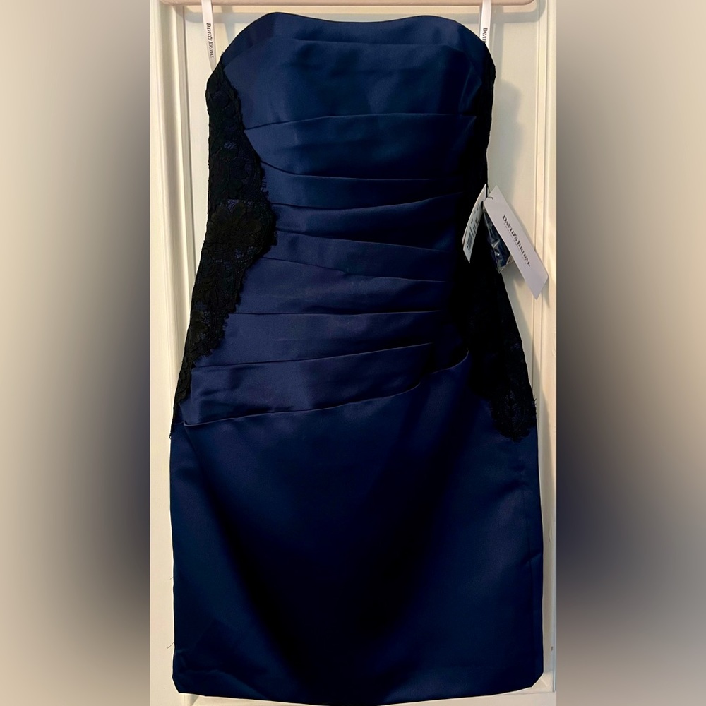 NWT Davids Bridal marine blue (navy) Strapless Formal Satin and Lace Dress